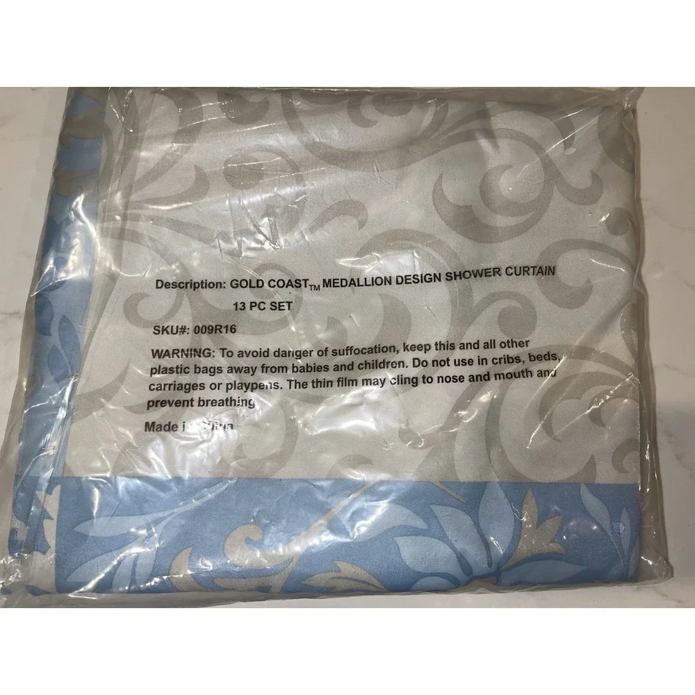 Vintage Gold Coast Blue Beige White Shower Curtain & Hooks Set‎ 13 Piece NEW